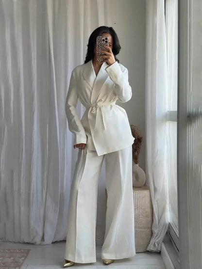HH Women's Suits White Turn-Down Collar Long Sleeves Lace-Up Blazers+High Waist Zipper Long Pants Female Spring Fashion Sets