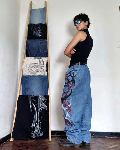 Summer Y2K Vintage Washed Floral Print Wide Leg Jeans Women High Waist Baggy Boho Comfort Loose Fit Pants Daily TikTok Viral