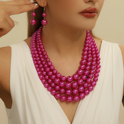 Wedding Jewelry Set Fashion Elegant Multi-layer Handmade Imitation Pearl Beaded Necklace And Earrings Women's Party Accessories