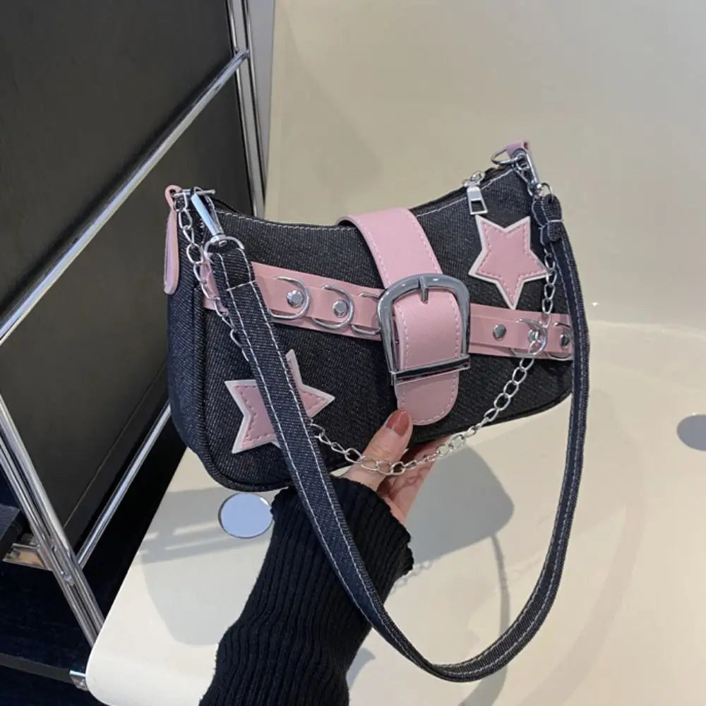 Y2k Fashion Women's Handbags Stars Pattern Cool Girls Underarm Bag Fashion Female Small Shoulder Bags Chain Tote Purses
