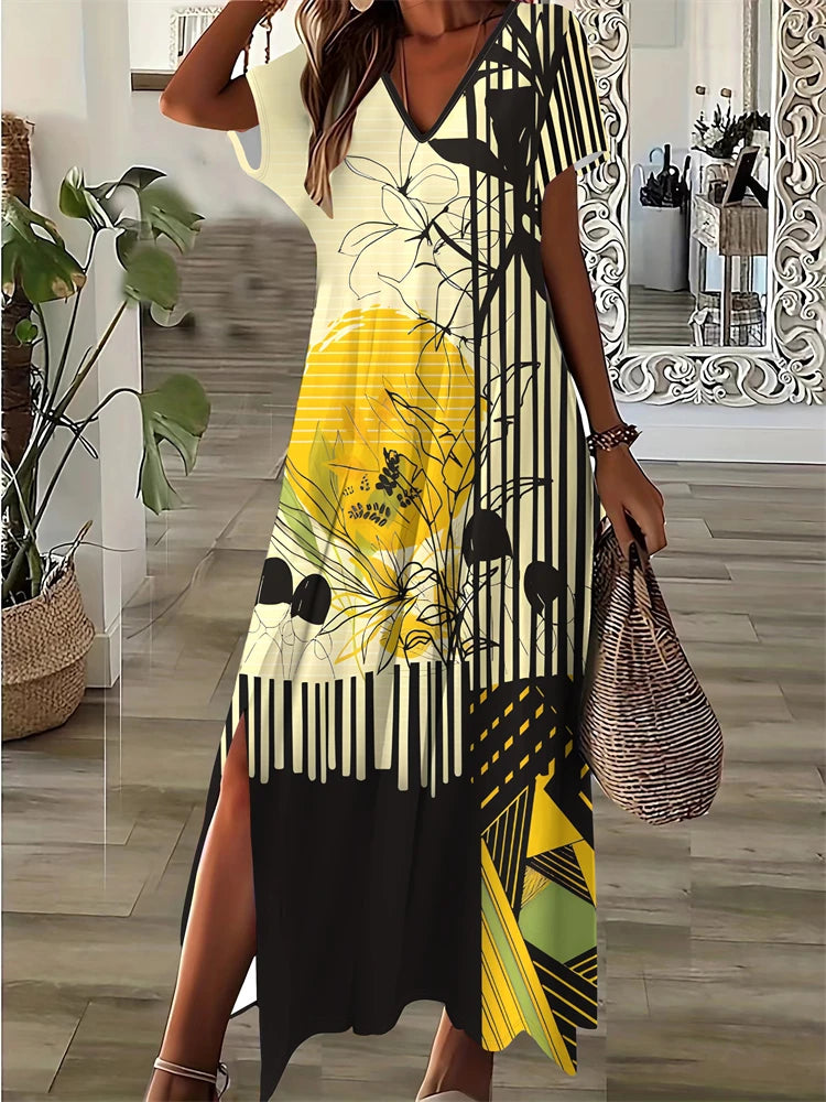 Simple Fashion Women's V-neck Dress Striped Print Women's Dress Summer Loose Comfortable Slit Women's Short-sleeved Dress