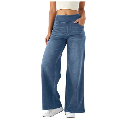 Baggy Ladies Wide Leg Trousers With Elastic Waistband High Waist Stretch Vertical Tube Trousers Stylish Womens' Casual Pants