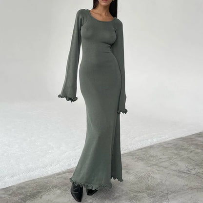 Maemukilabe Y2K Knitted Maxi Dress Vintage Edible Tree Fungus Trim Bodycon Women Autumn Backless Tie Up Long Dress Streetwear