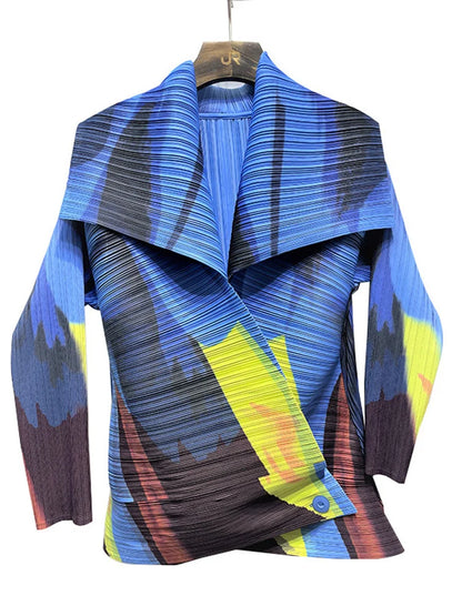 GVUW Pleated Color Block Jacket Coat Women's 2025  Autumn Lapel Long Sleeve Single Button Loose Female Fashion Top 17D1331