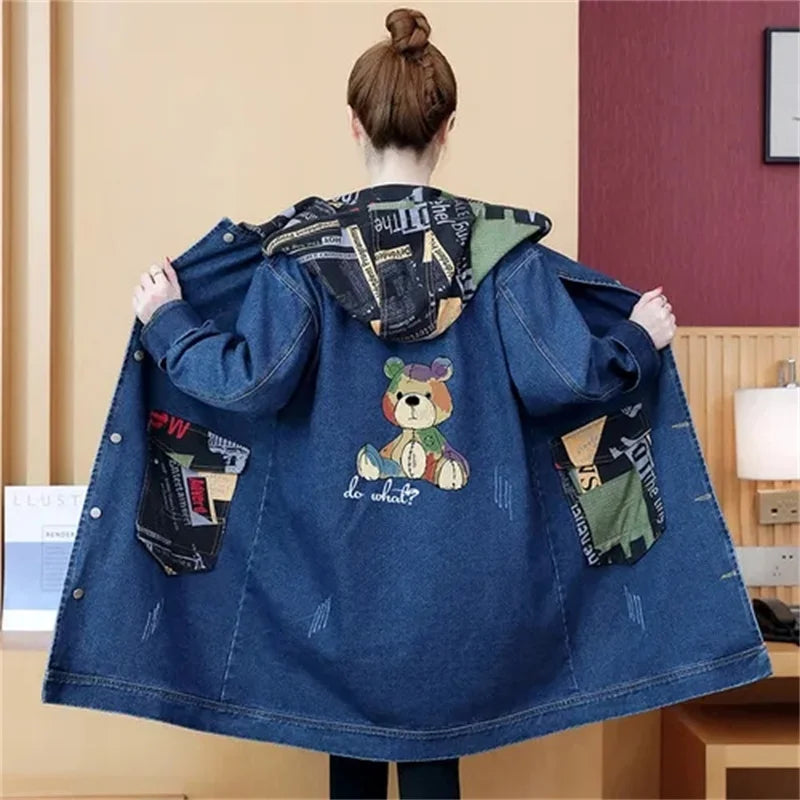 2025 Spring Autumn Denim Jacket Women Hooded Windbreaker Cartoon Printed Coat Long Outerwear Female Oversize 5XL Loose Overcoat