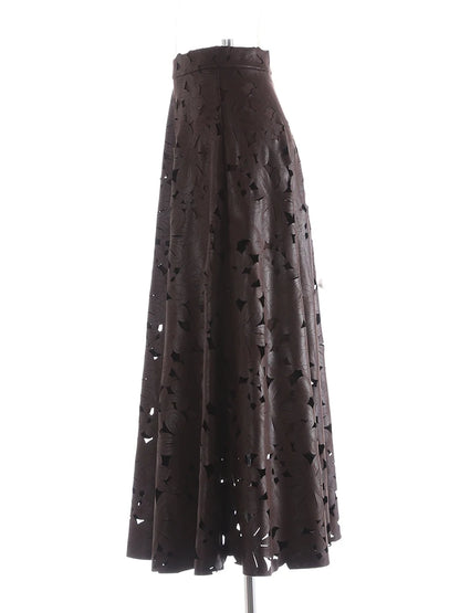 [EAM] High Waist Brown Pu Leather Hollow Out Elegant A-line Half-body Skirt Women Fashion Tide New Spring Autumn 2026 1DJ4309