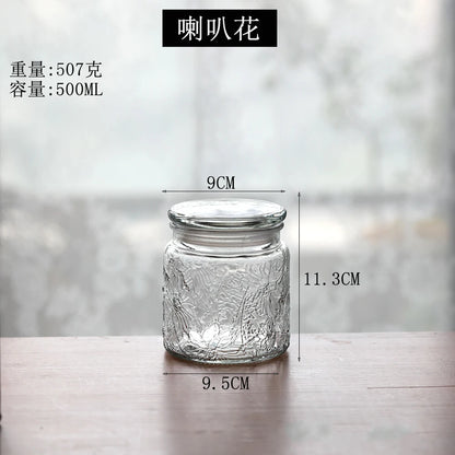 Retro Transparent Glass Sealed Jar Glass Lid Storage Jar Begonia Flower Glass Bottle Candy Storage Jar Kitchen Storage Supplies