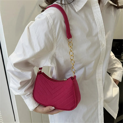 Felt Mini Shoulder Bag Women Fashion Solid Color Casual Handbags with Chain Shoulder Pouch Simple Light Weigh Underarm Bag