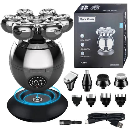 5 In 1 Electric Head Shaver for Bald Men 7D Floating Cutter Beard Trimmer Clipper IPX5 Waterproof Shaving USB Wireless Charging