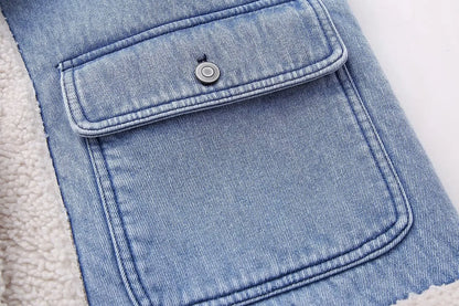 New Women Fashion Turn Down Collar Lamb PatchworkWashed Denim Vest Jacket Female Sleeveless Pockets WaistCoat Tops CT5477