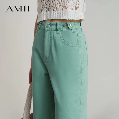 AMII Minimalist Women's Jeans 2025 Autumn New Versatile Retro Straight-leg Pants Solid Color Cotton Commuter Trousers 12542023