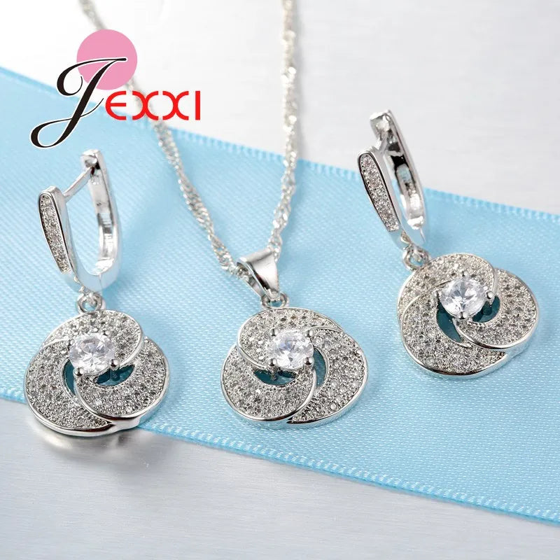 Charm Fine Elegant 925 Sterling Silver Crystal Necklace Earring Wedding Bridal Jewelry Sets For Women