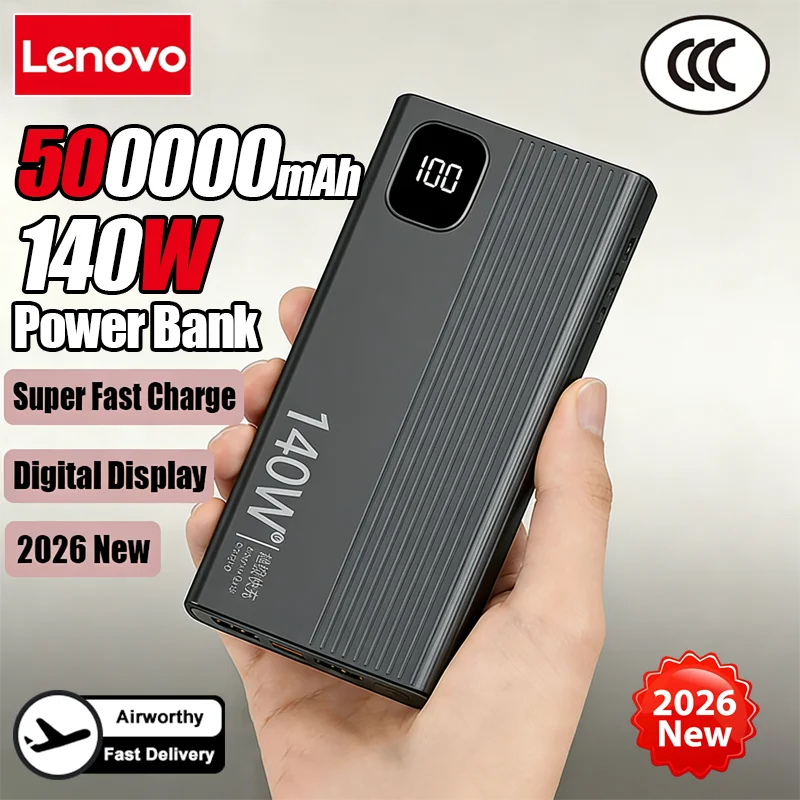 Lenovo 500000mAh 140W PowerBank Super Fast Charge Portable Powerbank External Battery Charger LED Display For iPhone