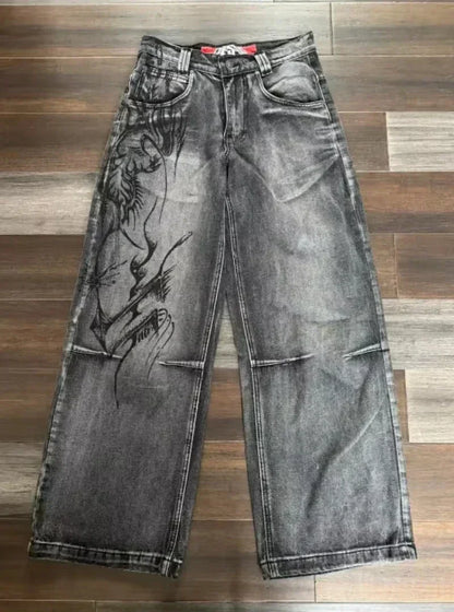 American Fashion Trend Joker Pattern Embroidered Loose Jeans Women Street Y2K New Hip Hop Oversized Wide-leg Pants Unisex Jeans