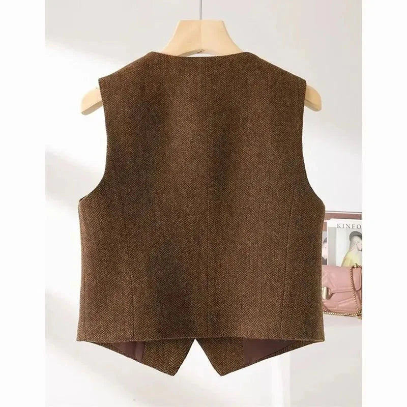 New 2025 Spring Autumn V-neck Casual Woolen Vest Women Fashion  British Style Sleeveless Waistcoat Female Top Ladies Outwear