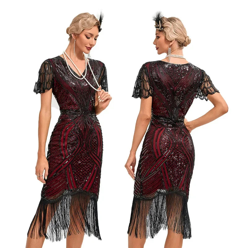 New Sexy Women's 1920s Gatsby Flapper Dress Sequin Art Deco Roaring Gatsby Dress with Short Sleeve Vintage Flapper Dresses