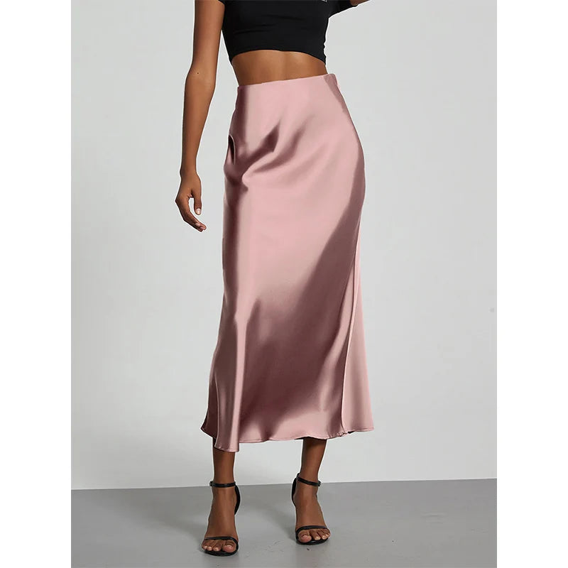 Fashion Satin Party Long Skirt High Waist Solid Color Casual Basic Women Skirts Fishtail Skirt Chic Summer Woman Clothing 2025