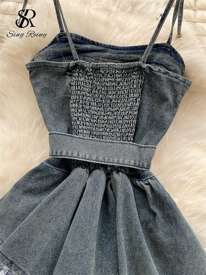 SINGREINY Streetwear Demin Strap Dress Sleeveless With Belt Design Sundress 2025 Summer Floral Splice Ladies Ball Gown Dress