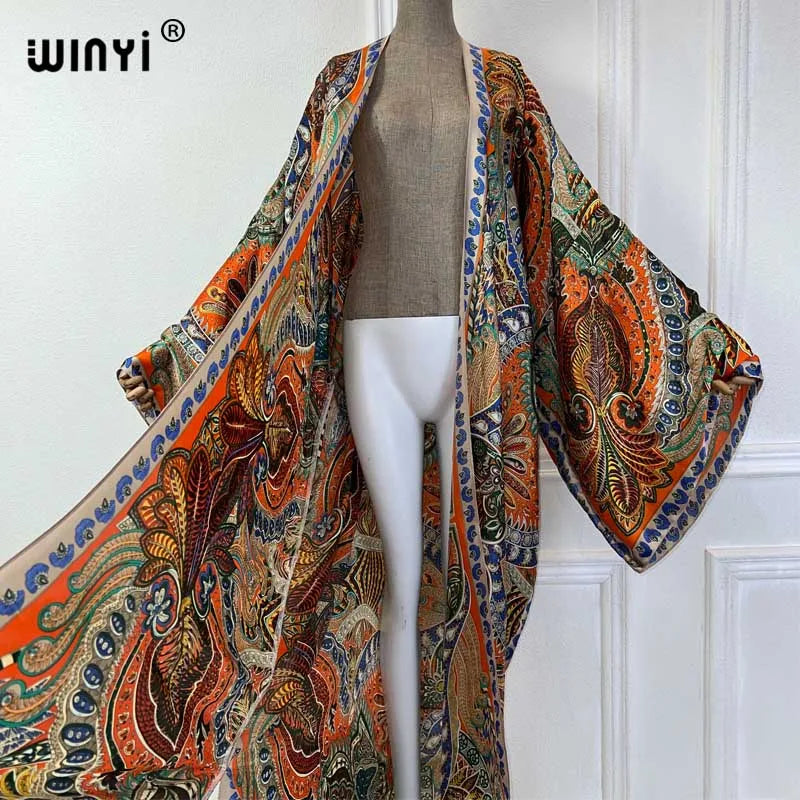 WINYI Classic bohemian beach cover up Swim Suit elegant African women boho Cardigan sexy Holiday long Sleeve Kimono beach dress