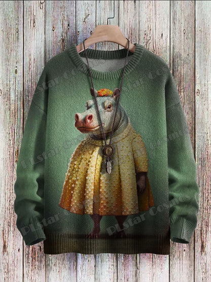 Vintage Frog Fun Art Pattern & Retro Owl Art 3D Printed Men's Knitted Pullover Winter Unisex Casual Knit Pullover Sweater ZZM98