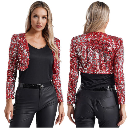 Womens Sequin Crop Jacket Open Front Long Sleeve Fully Lining Cardigan Cropped Blazer Bolero Shrug Cocktail Club Party Outerwear