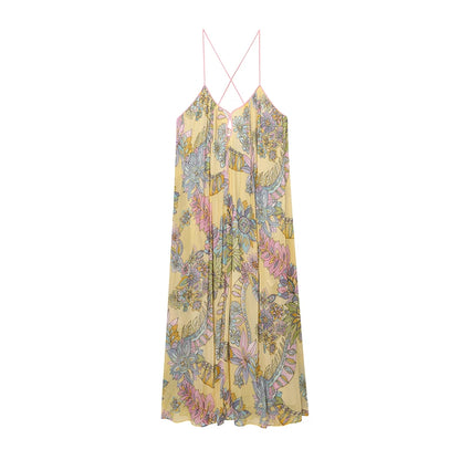 Summer Dress Women's 2025 New Fashion Print Loose V-neck Camisole Elegant Women Summer Travel Long Dress Chic Youth Party Dress