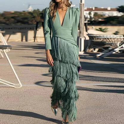 Fashion Fringe Patchwork Slim Long Robe Dress Beach Holiday Hollow Knitted Women's Dress 2025 Casual Summer Long Sleeved Dresses