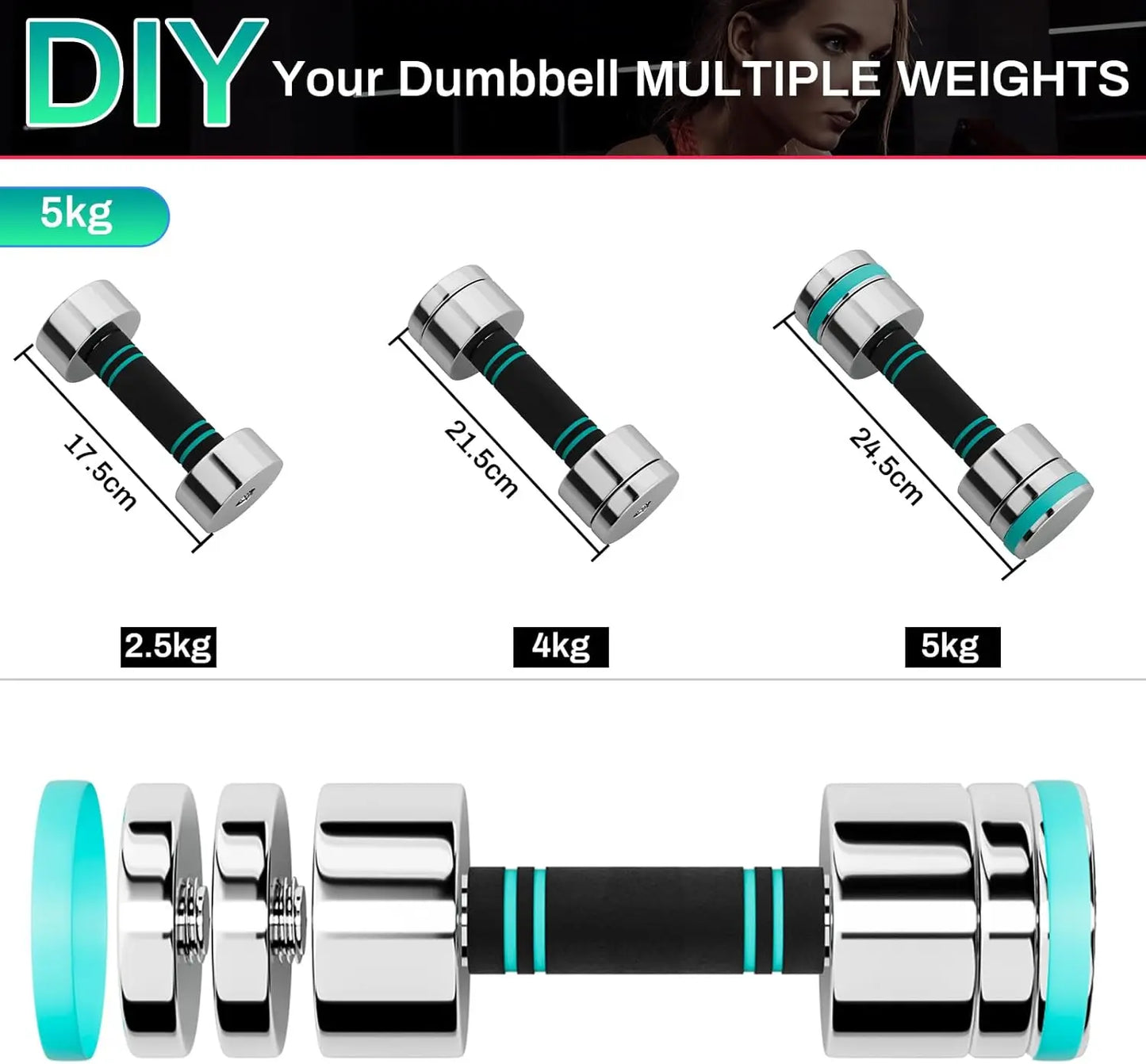 Electroplated Stainless Steel Dumbbells - Dumbbell Set of 2 Ultra Compact Adjustable 5 kg 10 kg 15kg with Foam Handle - Fitness