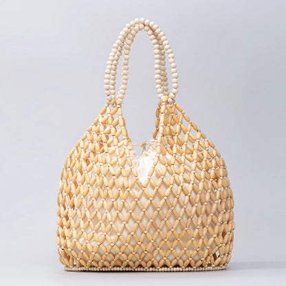 Simple Casual Handwoven Wooden Bead Handbag New Retro Versatile Summer Vacation Handheld Women's Shoulder Bags Water Bucket Bag