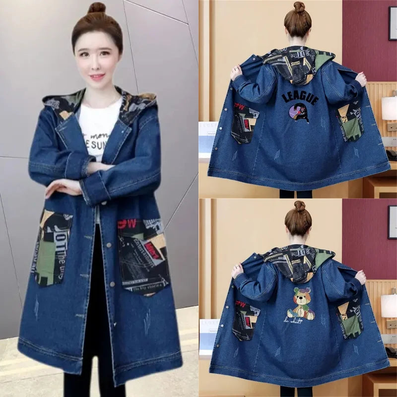 2025 Spring Autumn Denim Jacket Women Hooded Windbreaker Cartoon Printed Coat Long Outerwear Female Oversize 5XL Loose Overcoat