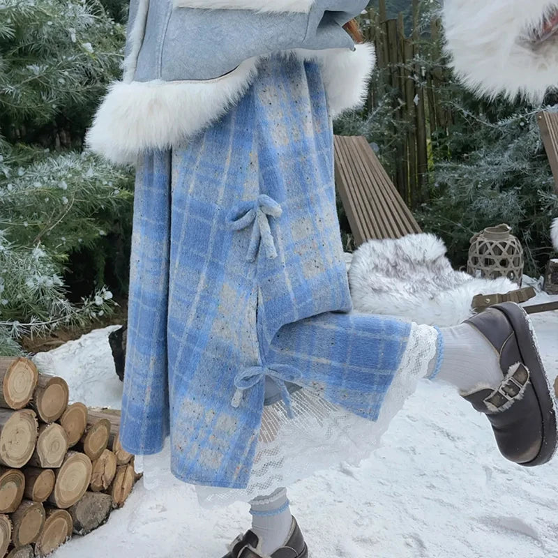 Japanese Blue Plaid Midi Skirt Women Fall Winter Sweet Bow Lace Patchwork Skirts Fashion High Waist Thicken Aesthetic Cute Skirt
