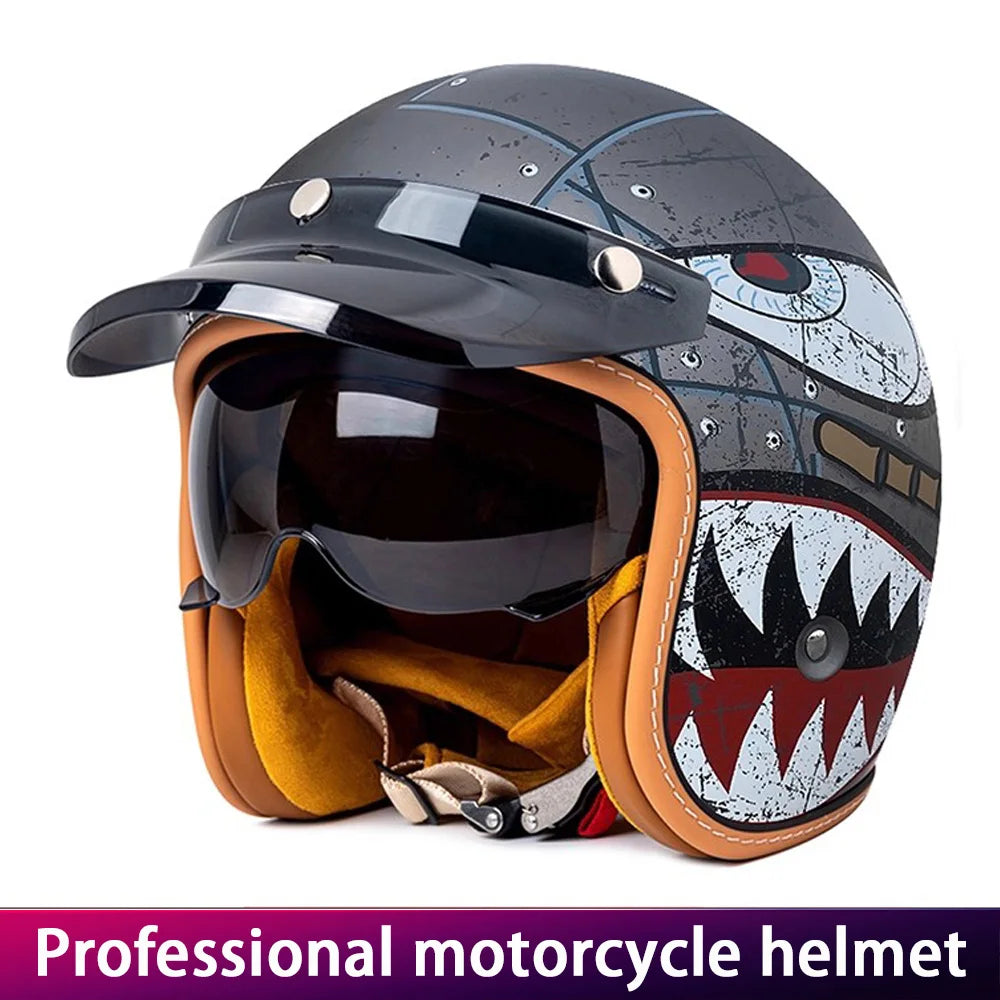 Retro Motorcycle Helmet Three-Quarter Bike Headwear for Men And Women Electric Vehicle Built-in Windshield Cruising Helmet