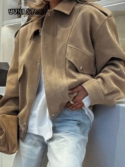 Chic Suede Bomber Jackets Women Loose Lapel Zipper Long Sleeve Pockets Female Coats 2025 Autumn Lady Commute Outwear New