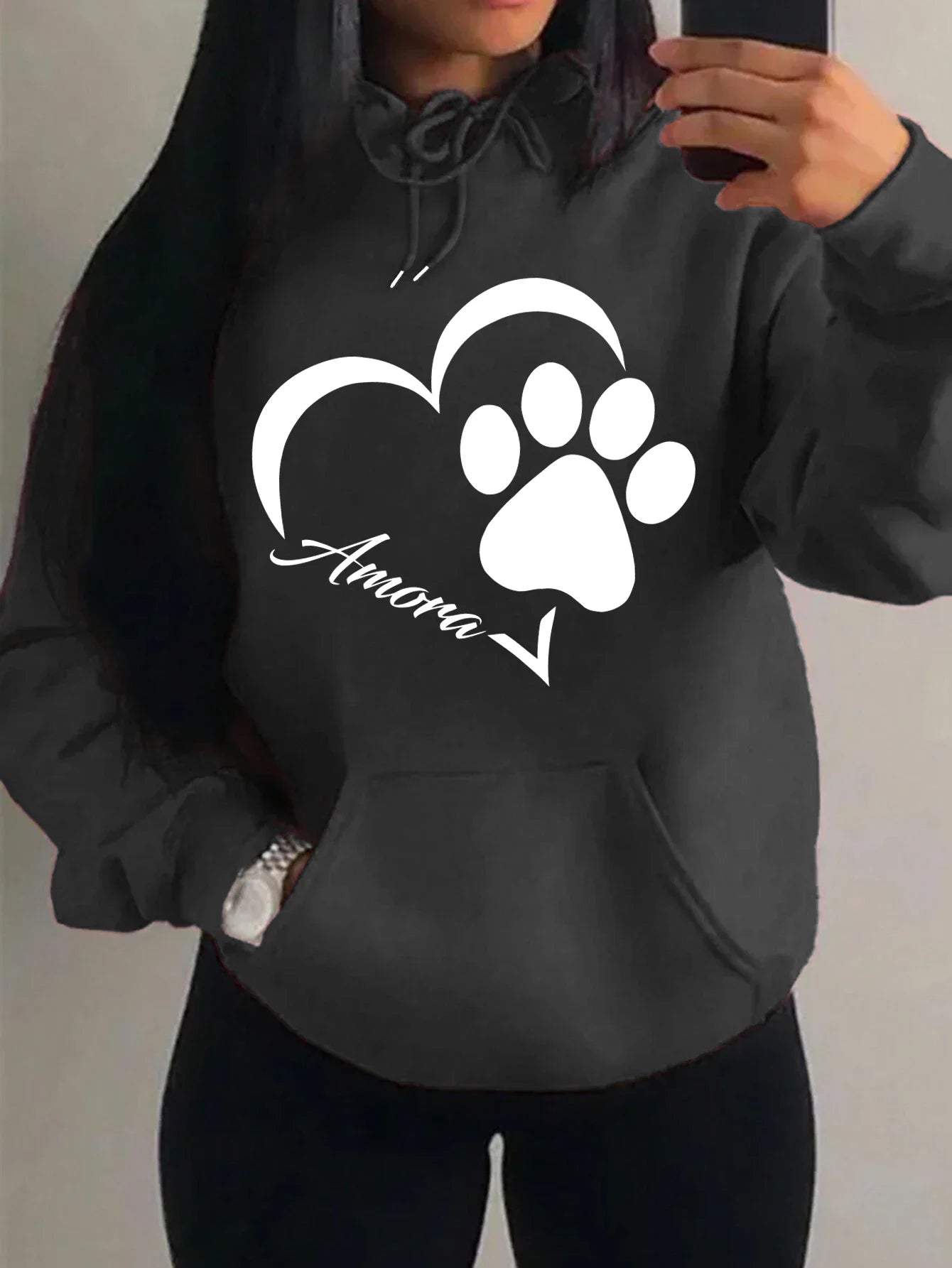 Love And Little Cat Foot Creative Print Women Hoody Fashion Autumn Sweatshirt Pocket Hoodie Sport Style Comfortable Pullover