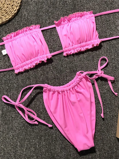 Tie Dye Pleated Ruffled Bikinis Bandeau Bikini Women Swimsuit Female Swimwear Two-pieces Bikini Set Hollow Out Bathing Suit Swim