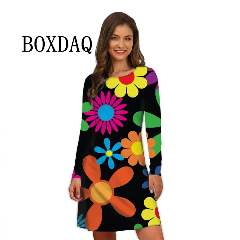 Flower Power Women Dress Retro Hippie 60s Elegant Long Sleeve Loose Dress Casual Fashion Oversized Autumn Woman Print Mini Dress
