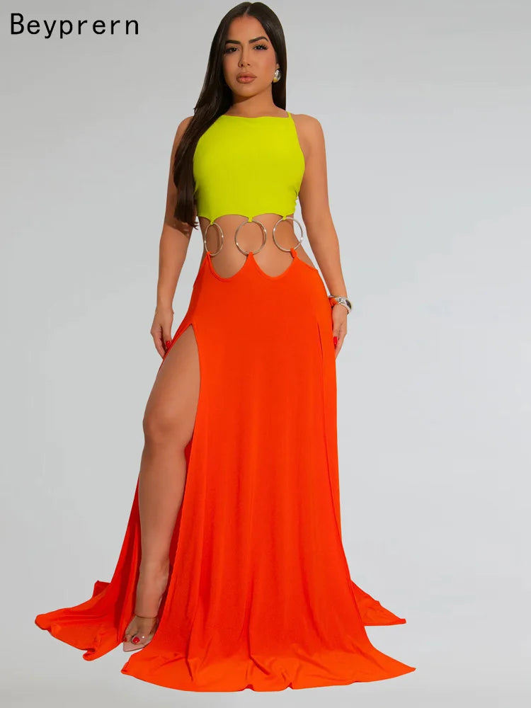 Beyprern Women's Hollow Out O-Rings Metal Long Dresses Fashion Backless Bandage Holiday Dresses Vacation Outfits Sexy Clubwear