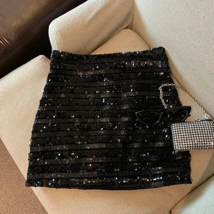 French silver-gray sequined skirt female spring and autumn new temperament hip skirt spice girl anti-exposure A-line skirt
