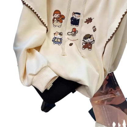 Design Sensation Small Audience Cartoon Cat Embroidery Sweatshirt Women Early Autumn Sweet Milk Cute Small Size Hooded Jacket To
