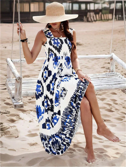 Women New Backless Suspenders Dresses Vintage Print Elastic Pleated Wrap Bust Long Gown Female Comfortable Vacation Casual Dress