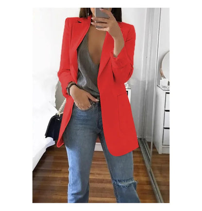 Autumn And Winter Women's Fashion Solid Color Polo Neck Slim Fit Coat Elegant Women's Long Sleeve Pocket Casual Suit Coat S-3XL