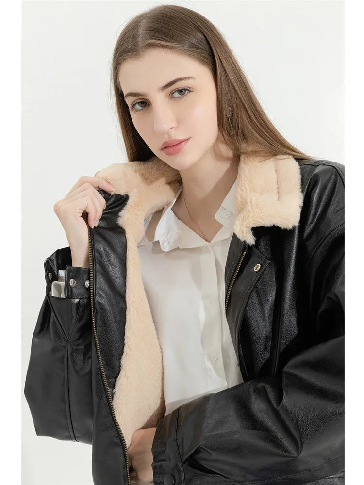 Retro Gothic Brown Plush Fur Leather Jacket Women Fashion Classic Vintage Autumn And Winter Zipper Casual Motorcycle Jacket