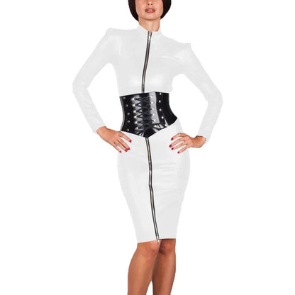 Women's Long Sleeve Matte Faux Leather Bodycon Dress, Sexy Wrap Hip, Knee-Length Dress, Front Zipper, Slim Fit, Clubwear Costume