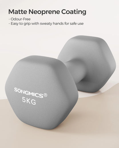 SONGMICS Set of 2 Neoprene Hex Dumbbells, 2 x 5 kg, with Dumbbells Bars, Home Training, Grey