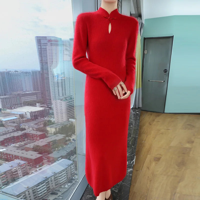 Retro Collar Buckle Knit Dress Female Pullover Long Over-The-Knee Solid Color Joker Slim Mink Cashmere Dress