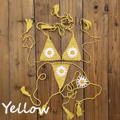 Hand crochet Cottom Thong String Daisy Applique Mini Bikini Swimwear Sunbathing Micro Swimwear