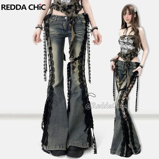 REDDACHiC Y2k Low Waist Strappy Jeans Bell Bottoms Retro Stitch Lace Hollow Eyelets Split Stretch Bootcut Pants Women Streetwear