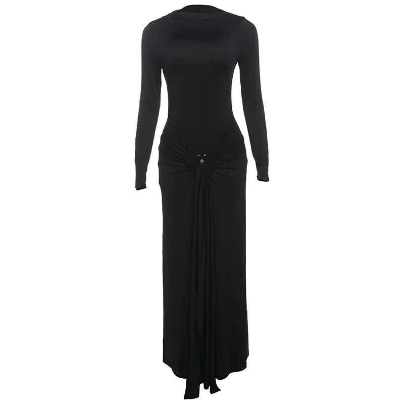 Sisterlinda Sequined Pleated Maxi Dress Classic Solid Full Sleeve Crew Neck Ribbons Sheath Long Robe Mujer Hipster Evening Wear