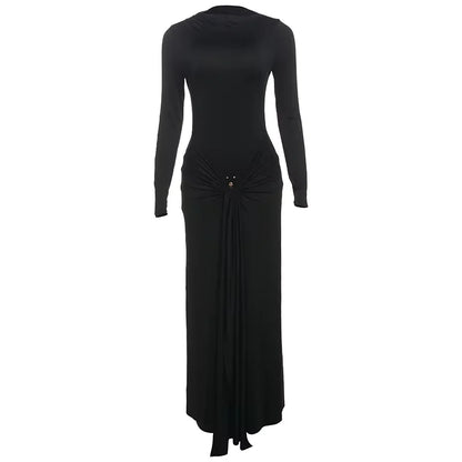 Sisterlinda Sequined Pleated Maxi Dress Classic Solid Full Sleeve Crew Neck Ribbons Sheath Long Robe Mujer Hipster Evening Wear