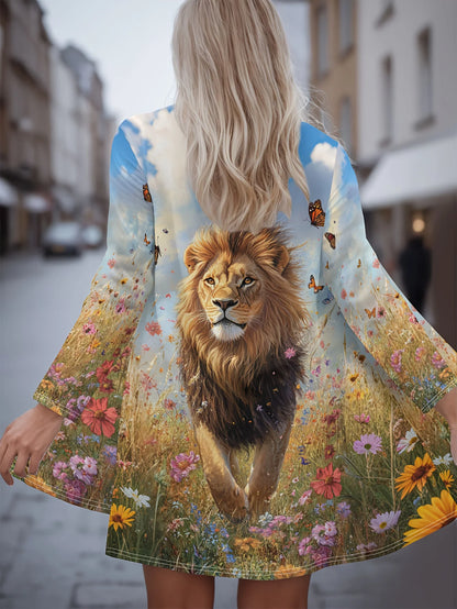 Women's Winter Jacket with 3D Tiger and Lion Animal Prints, Front-Opening Loose Fit Cape, Casual Polyester Women's Clothing